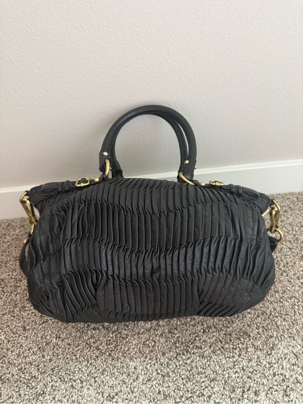 Coach Black Ruched Leather Satchel with Gold-Tone Accents - Picture 2 of 6